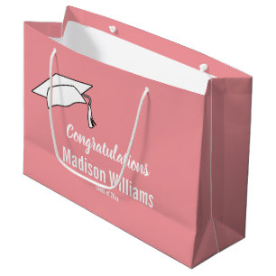 Congratulations Pink White Grad's Name Graduation Large Gift Bag