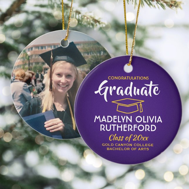 Congratulations Purple and Gold Graduation Photo Ceramic Tree Decoration (Creator Uploaded)