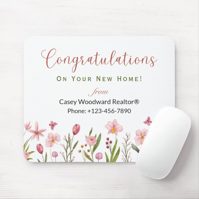 Congratulations Realtor Personalised Pink Flowers Mouse Mat (With Mouse)