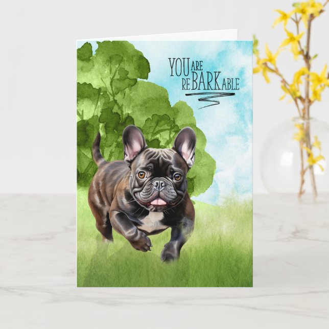 Congratulations reBARKable Brindle French Bulldog Card (Yellow Flower)