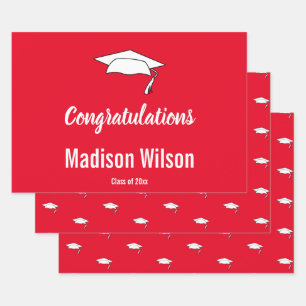 Congratulations Red & White Grad Name Graduaiton Wrapping Paper Sheet