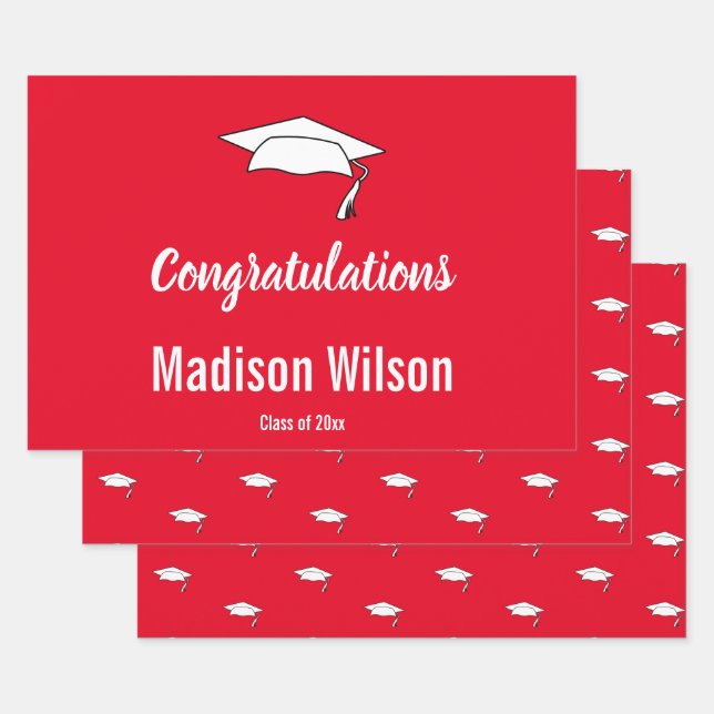 Congratulations Red & White Grad Name Graduaiton Wrapping Paper Sheet (Set)