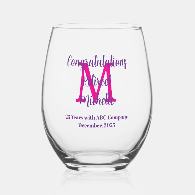Congratulations Retirement Monogram Name  Stemless Wine Glass (Front)