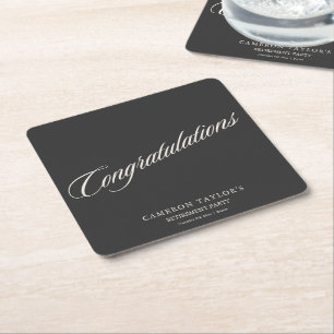 Congratulations Retirement Party Black Script Square Paper Coaster