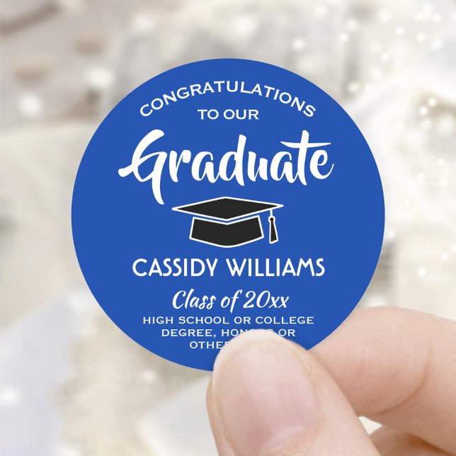 Congratulations Royal Blue & White Graduation Classic Round Sticker (Creator Uploaded)