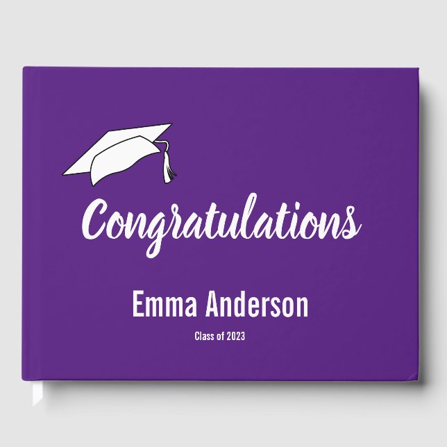 Congratulations Royal Purple and White Graduation Guest Book (Front)