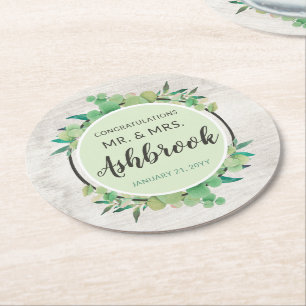 Congratulations Rustic Wood & Eucalyptus Botanical Round Paper Coaster