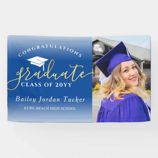 Congratulations Script Blue Gold Photo Graduation Banner (Horizontal)
