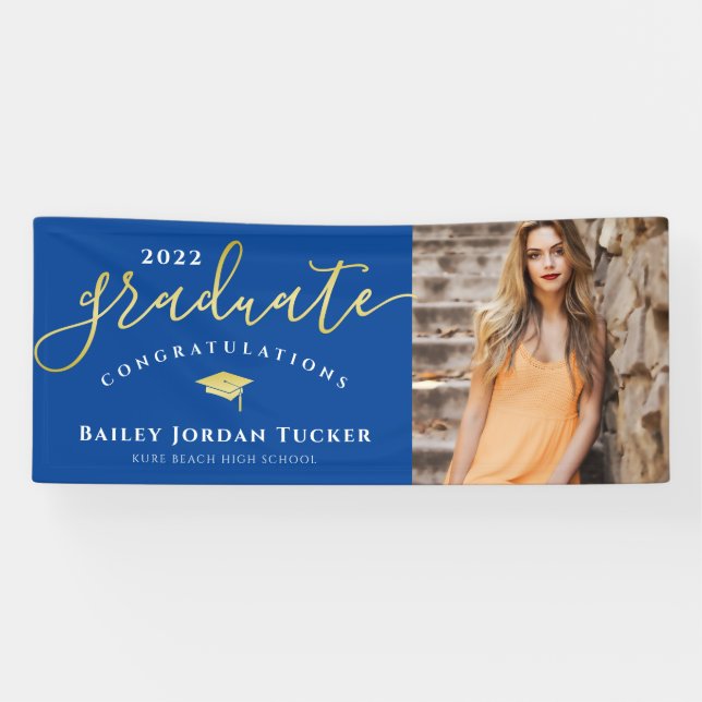 Congratulations Script Blue Gold Photo Graduation  Banner (Horizontal)