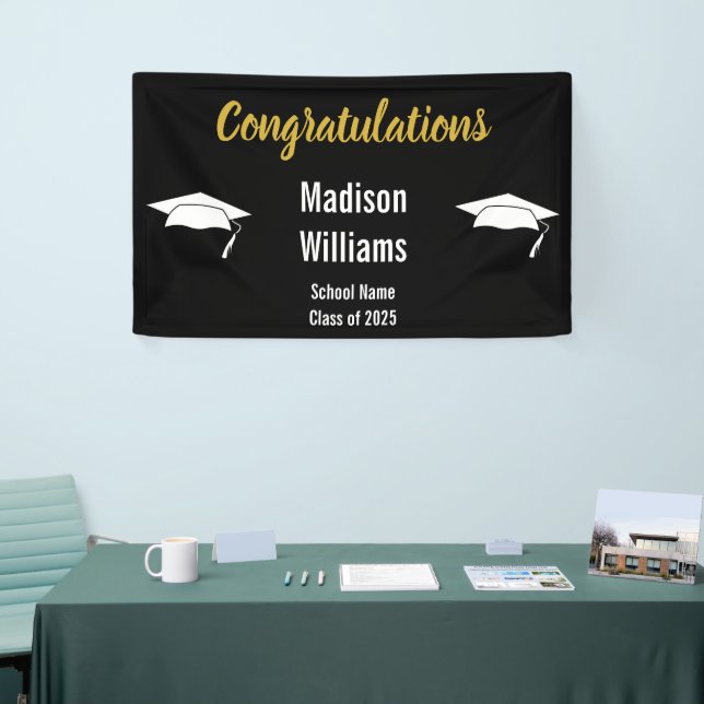 Congratulations Script Gold Black White Grad Name Banner (Tradeshow)