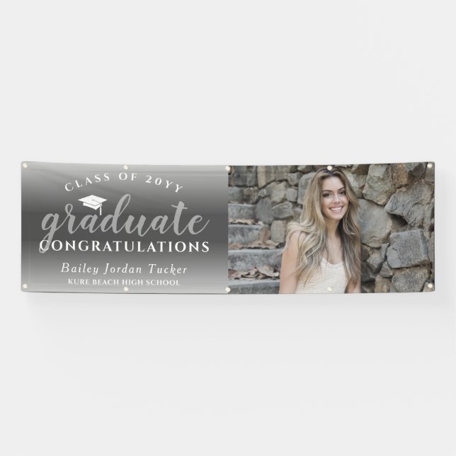 Congratulations Script Grey Ombre Photo Graduation Banner (Horizontal)