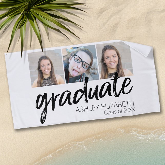 Congratulations Senior 3 Photo for Graduation Beach Towel (Personalized Beach Towel - Add Photos and Text)