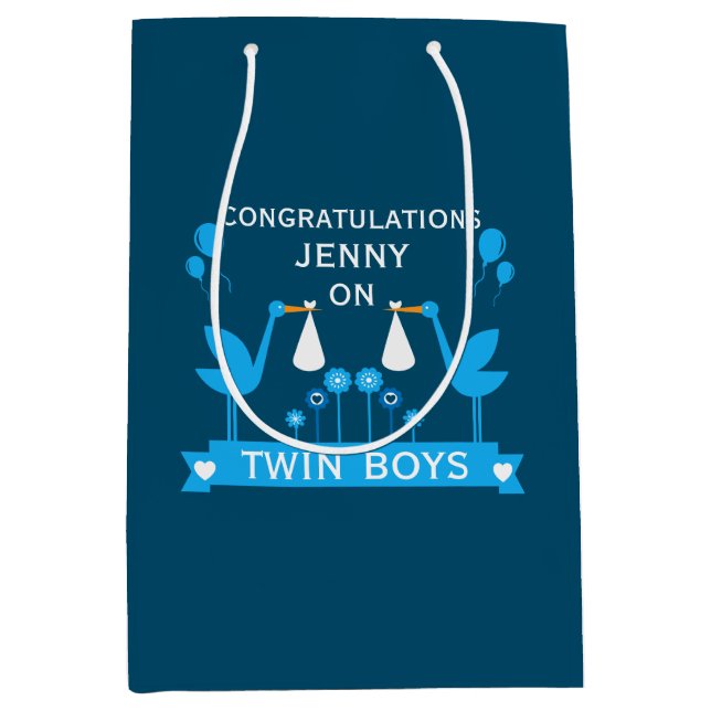 Congratulations Stalk Delivery Twin Boy Medium Gift Bag (Front)
