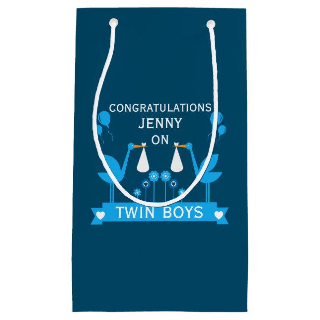 Congratulations Stalk Delivery Twin Boy Small Gift Bag (Front)