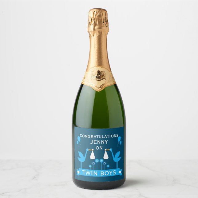 Congratulations Stalk Delivery Twin Boy Sparkling Wine Label (Front)