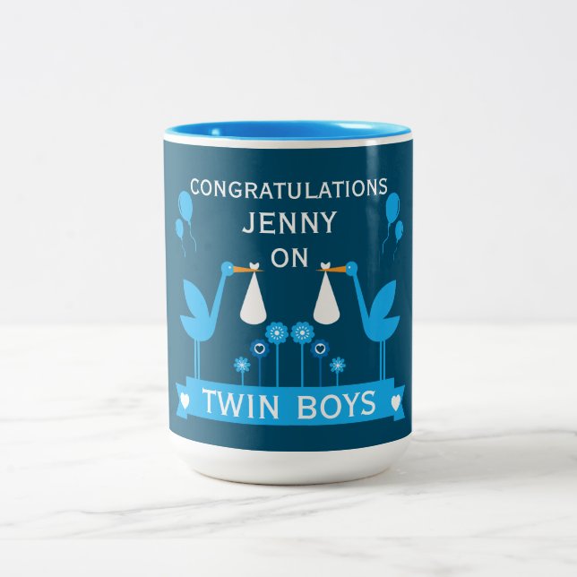Congratulations Stalk Delivery Twin Boy Two-Tone Coffee Mug (Center)