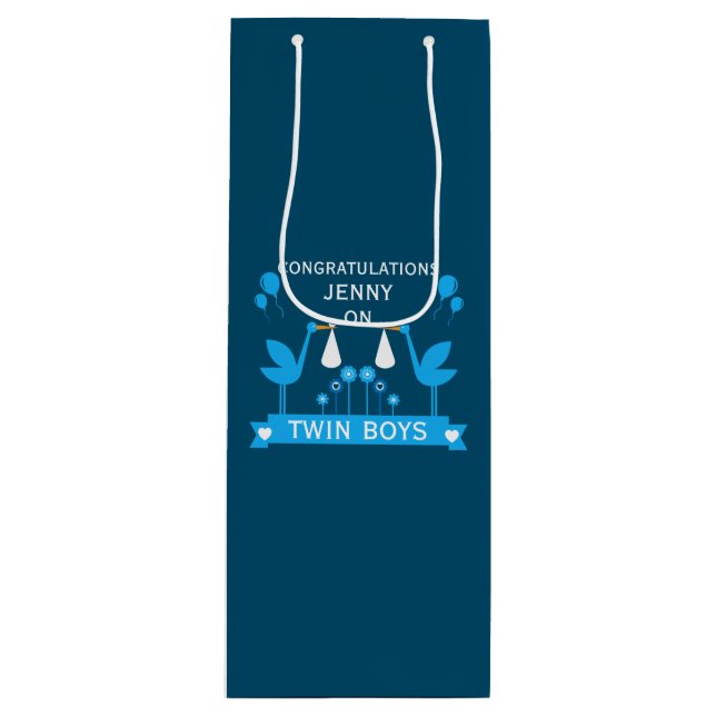 Congratulations Stalk Delivery Twin Boy Wine Gift Bag (Front)