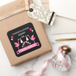 Congratulations Stalk Delivery Twin Girls Square Sticker