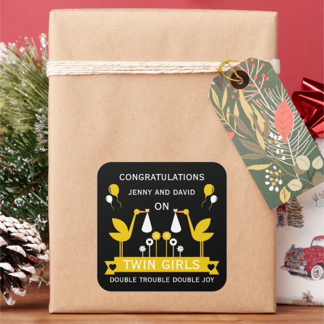 Congratulations Stalk Delivery Twins Square Sticker (Holiday)