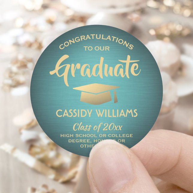 Congratulations Teal and Gold Trendy Graduation Classic Round Sticker (Creator Uploaded)