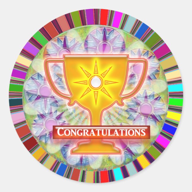CONGRATULATIONS : Trophy and Sparkle Wheels Decor Classic Round Sticker (Front)