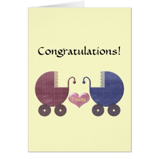 Congratulations Twins, with Blue and Red Pram Art Card