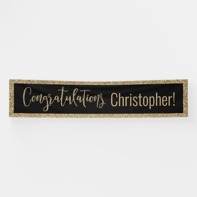 Congratulations Typography Gold Glitter and Black Banner (Horizontal)