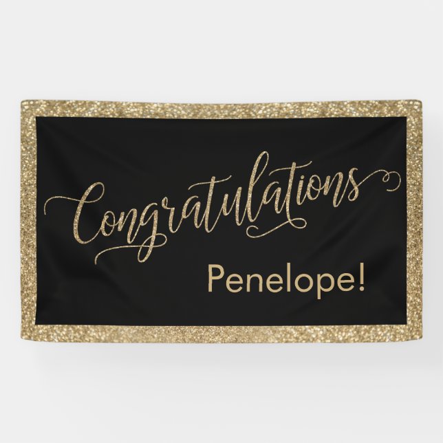 Congratulations Typography Gold Glitter and Black Banner (Horizontal)