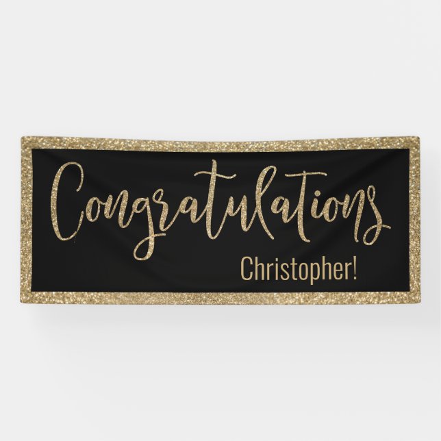 Congratulations Typography Gold Glitter and Black Banner (Horizontal)