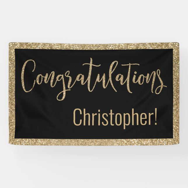 Congratulations Typography Gold Glitter and Black Banner (Horizontal)