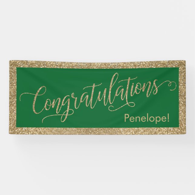Congratulations Typography Gold Glitter and Green Banner (Horizontal)