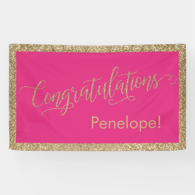 Congratulations Typography Gold Glitter Hot Pink Banner (Horizontal)