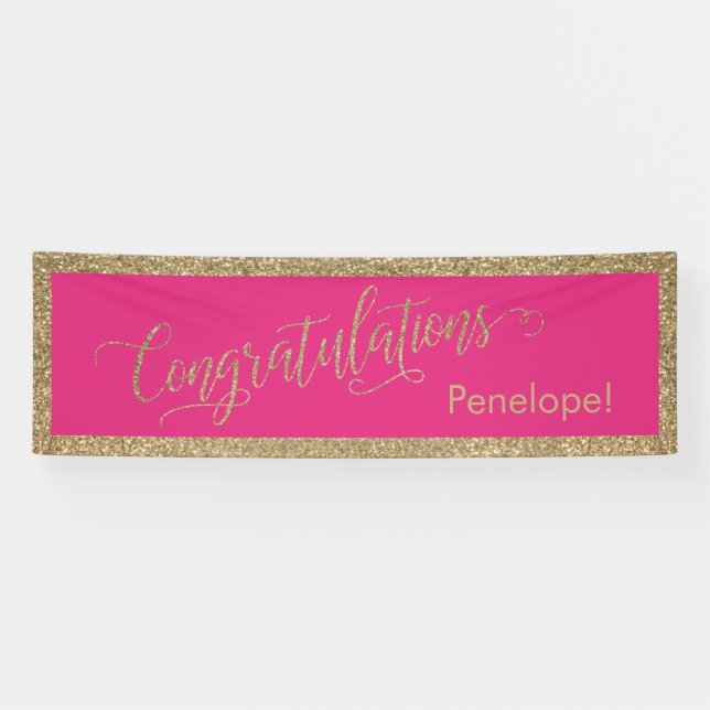 Congratulations Typography Gold Glitter Hot Pink Banner (Horizontal)