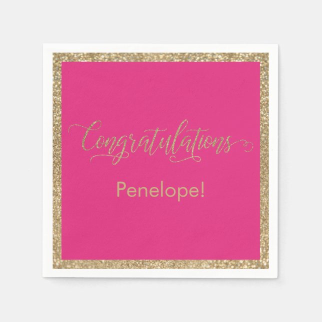Congratulations Typography Gold Glitter Hot Pink Napkin (Front)