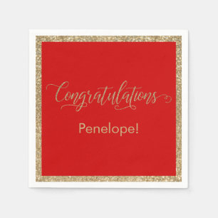 Congratulations Typography Gold Glitter on Red Napkin