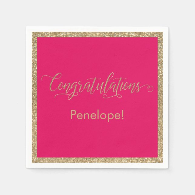 Congratulations Typography Gold Glitter Raspberry Napkin (Front)