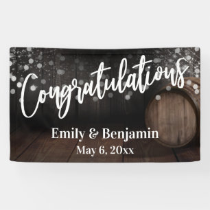 Congratulations Typography, Wood Barrel & Lights Banner