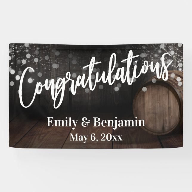 Congratulations Typography, Wood Barrel & Lights Banner (Horizontal)