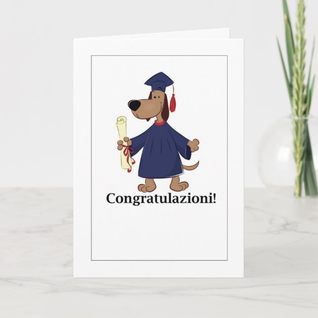 Congratulazioni! - Graduation Dog Cap and Gown Holiday Card (Front)