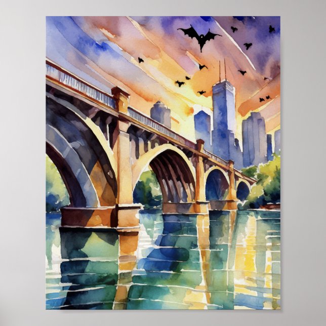 Congress Avenue Bat Bridge Austin Texas Watercolor Poster (Front)