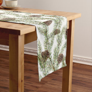 Conifer, fir twigs and cones short table runner