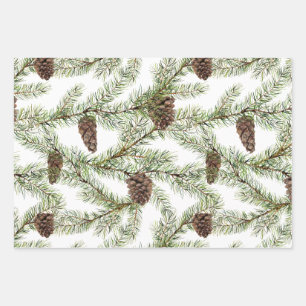 Conifer, fir twigs and cones wrapping paper sheet