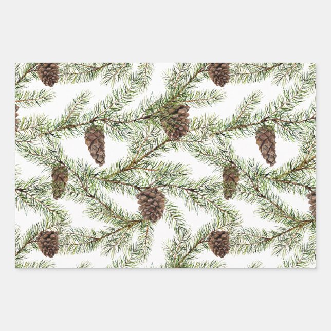 Conifer, fir twigs and cones wrapping paper sheet (Front)