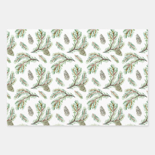 Conifer, pine twigs and cones wrapping paper sheet
