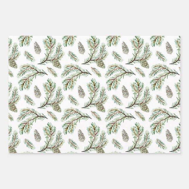 Conifer, pine twigs and cones wrapping paper sheet (Front)