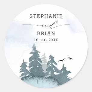 Coniferous Trees Blue Wedding Round Sticker
