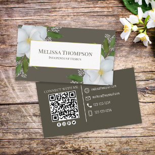 Connect With Me   QR Code Floral Foliage Magnolia Business Card