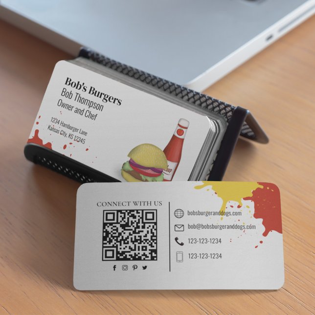 Connect With Me QR Code Simple Hamburger  Business Card (Hamburger business card template.)