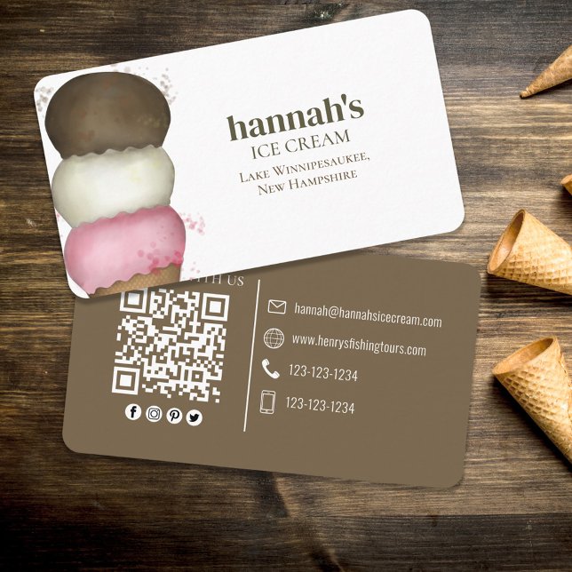 Connect With Me | QR Code Simple Ice Cream Cone Business Card (Cute business card ice cream cone template. With pink, brown, and white. )