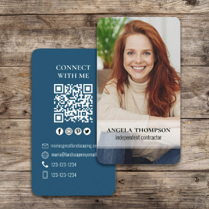 Connect With Me   QR Code Simple Modern Photo Blue Business Card